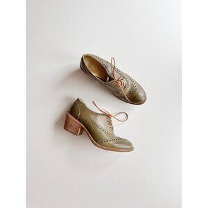 FRYE Maggie Olive Green Leather Block Heeled Wingtip Brogues Oxfords, Size 7.5